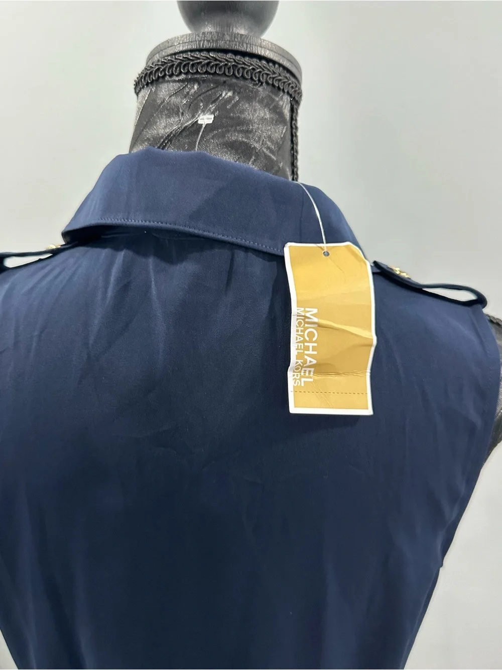 Michael Kors Sleeveless Navy Trench Dress with Gold Buttons size S